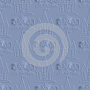 Embossed blue 3d fairytale seamless pattern. Vector ornamental fairy tale emboss background. Repeat fantasy backdrop with cartoon