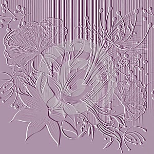 Embossed floral 3d beautiful pink pattern. Textured relief plants striped background. Repeat vector backdrop. Surface emboss