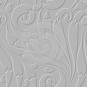 Embossed floral line art Paisley seamless pattern. Textured white ethnic style grunge background. Repeat vector emboss backdrop.