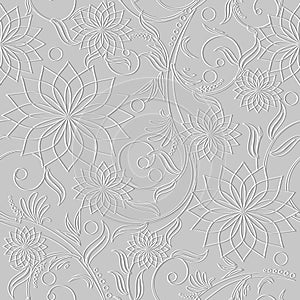 Embossed floral line art tracery 3d seamless pattern. Ornamental beautiful relief background. Repeat textured white backdrop.