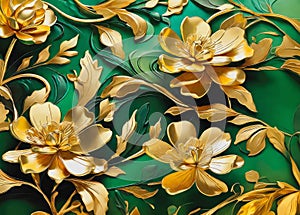 Embossed Gold Flowers and Leaves on Green Background