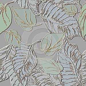 Embossed leafy light 3d seamless pattern. Relief background. Repeat textured leaves vector backdrop. Surface emboss hand drawn