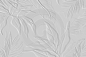 Embossed leafy tropical 3d white background. Beautiful floral relief pattern. Textured vector backdrop. Surface emboss leaves. 3d