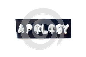 Emboss letter in word apology on black banner with white background