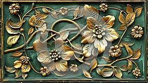 Embossed metal panel with gold flower design on a green background