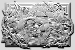 embossed scenry sketch with trees and birds