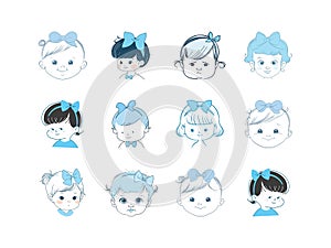 Cute Cartoon Baby Icon Set: Hand-Drawn Vector Illustration with Short Hair and Bow-Knot