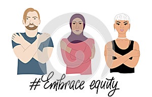 Embrace equity banner. Different people show support to gender equality. International womens day card. IWD 2023 theme. Vector
