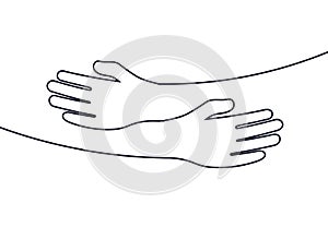 Objatie ikona ramená objala vektor ilustrácie ruky objať lineárne vektorové označenie organizácie alebo inštitúcie šablóna. starostlivosť a dobročinnosť 