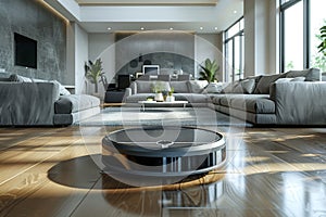 Embrace Modern Living with an Autonomous Vacuum Cleaner Polishing Floors in a Chic Room