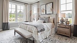Embrace a restful nights sleep in this carefully crafted sleep haven featuring plush bedding and a serene subdued color