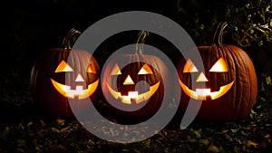Three Spooky Halloween Jack-o\'-Lanterns Glowing in the Dark photo