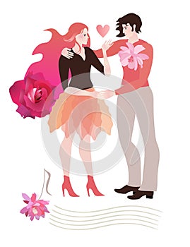 Embraces of a loving couple isolated on white. Red rose in hair symbolizing passion and gentle pink cosmos flower on chest