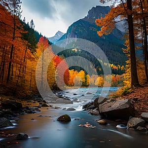 Embracing the Beauty of Autumn: A River's Serene Journey Through the Majestic Mountain Landscape