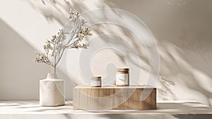 Embracing the concept of less is more this Japaneseinspired skincare display features a striking wooden podium against a