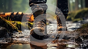 Embracing the Forest\'s Wettest Wonders in Sturdy Boots. Generative AI photo
