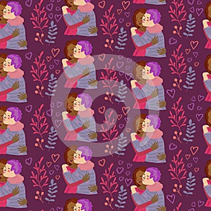 Embracing girls. Seamless pattern with hugging women, plants and hearts. Hand drawn  illustration of lgbt couple