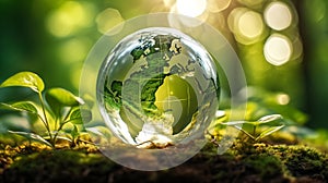 Glass globe with green grass and bokeh background. Ecology concept