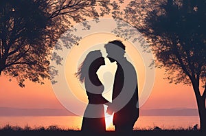 Embracing Love: Silhouette of a Couple Kissing and Holding Hands.