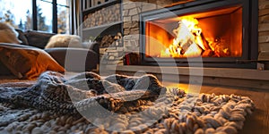 Embracing the relaxing atmosphere of a crackling fireplace on a cozy evening. Concept Cozy Ambiance, Fireplace Warmth, Relaxing