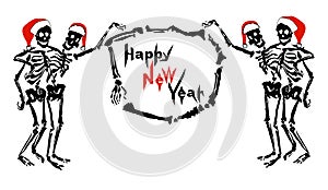 Embracing skeletons in Santa`s hats are holding the frame with inscription Happy New Year