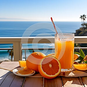 Embracing the Visual Feast of Orange Juice on a Table, Enhanced by the Breathtaking Backdrop of the Sea and Ocean.AI generated