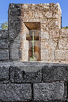 Embrasure in a merlon of the battlement at the Feira Castle walls. photo