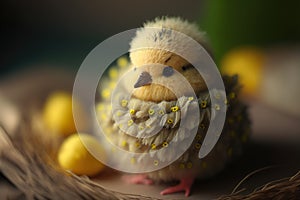 Embroided chick with easter eggs, generative ai