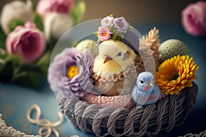 Embroided chick in an easter nest with easter eggs and spring flowers, generative ai