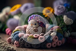 Embroided chick in an easter nest with easter eggs and spring flowers, generative ai