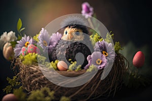 Embroided chick in an easter nest with easter eggs and spring flowers, generative ai