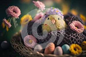 Embroided chick in an easter nest with easter eggs and spring flowers, generative ai