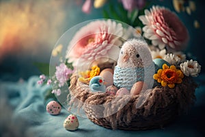 Embroided chick in an easter nest with easter eggs and spring flowers, generative ai