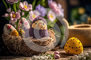 Embroided chick in an easter nest with easter eggs and spring flowers, generative ai