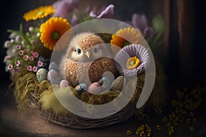 Embroided chick in an easter nest with easter eggs and spring flowers, generative ai