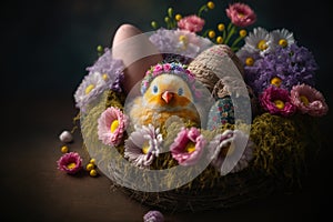 Embroided chick in an easter nest with easter eggs and spring flowers, generative ai