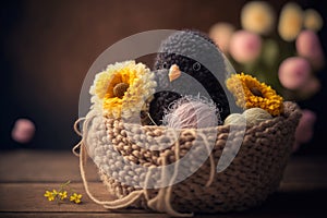 Embroided chick in an easter nest with easter eggs and spring flowers, generative ai