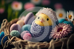 Embroided chick in an easter nest with easter eggs and spring flowers, generative ai