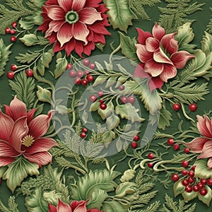 Embroided seamless pattern with red flowers, created with generative AI