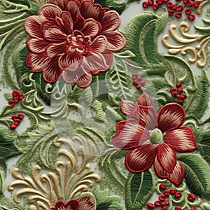 Embroided seamless pattern with red flowers, created with generative AI