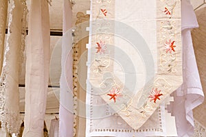 Embroided warm tablecloth with flowers