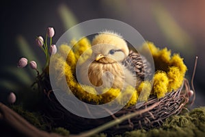 Embroidered baby chciken in an easter nest, generative ai