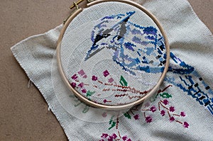 Embroidered blue bird in the Hoop