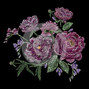 Embroidered composition with peonies, wild and garden flowers, buds and leaves. Satin stitch embroidery, floral design