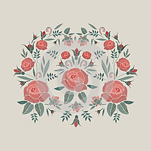 Embroidered composition with roses flowers, buds and leaves. Satin stitch embroidery floral design on beige background