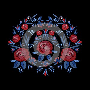 Embroidered composition of roses flowers, buds and leaves. Satin stitch embroidery floral design on black background