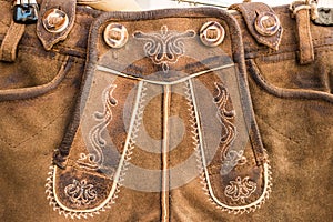 Embroidered flap & x28;drop front& x29; of traditional austrian lederhosen