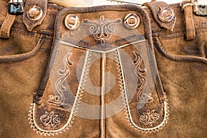 Embroidered flap & x28;drop front& x29; of traditional austrian lederhosen photo