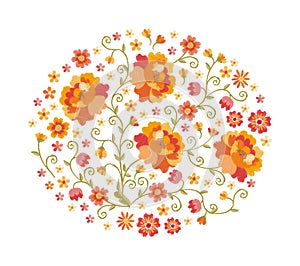 Embroidered flowers on white background. Beautiful oval composition with floral ornament