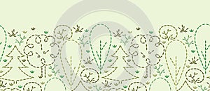 Embroidered forest horizontal seamless pattern